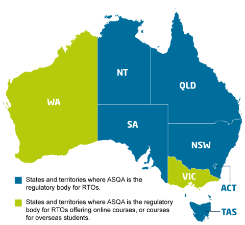 A map of Australia showing the states and territories that ASQA regulates. 